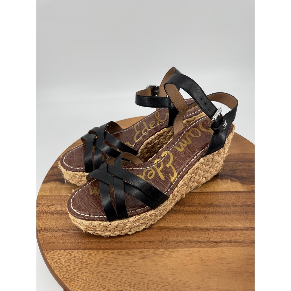 Sam Edelman Darline Womens 12M Black Leather Strappy Raffia Wedge Sandals